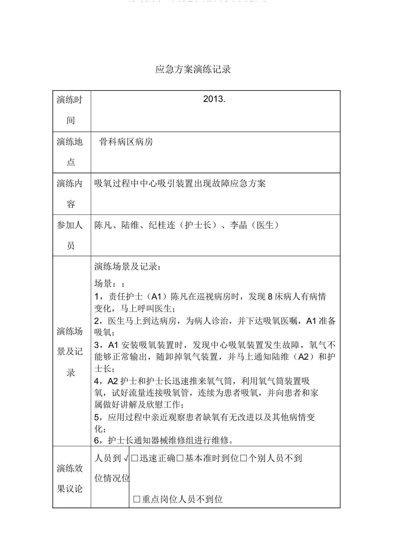 吸氧过程中中心吸引装置出现故障应急预案演练记录