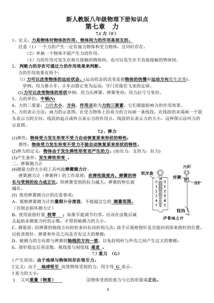 新人教版八年级物理下册知识点