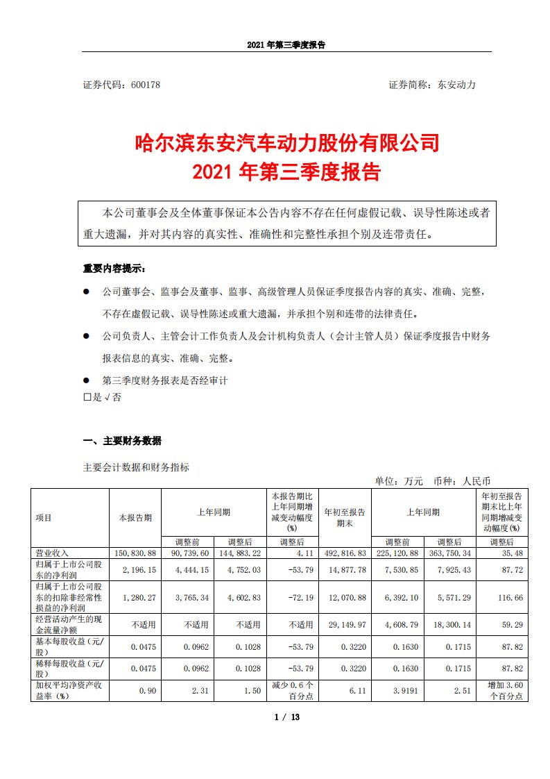 上交所-东安动力2021年第三季度报告-20211029