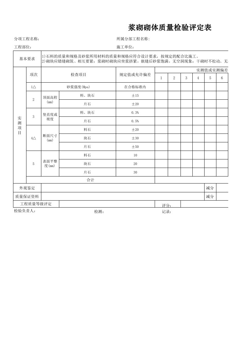 浆砌砌体质量检验评定表