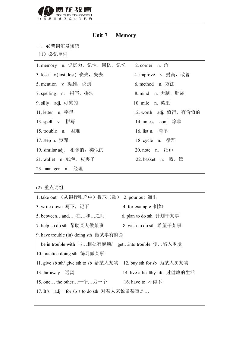 Unit7Memory知识点