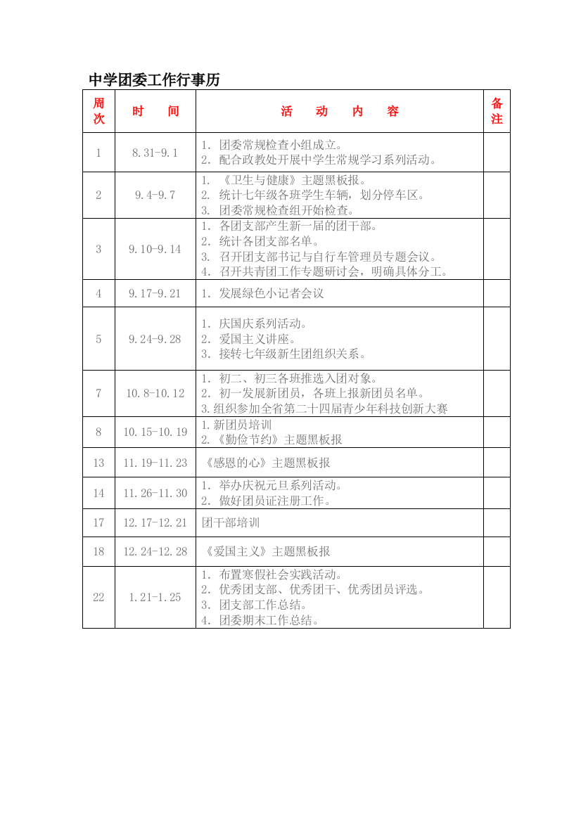 (完整word版)中学团委工作行事历