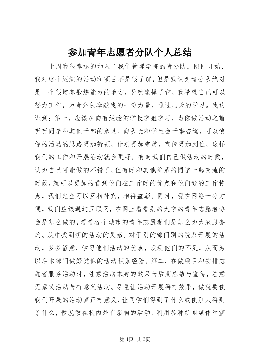 参加青年志愿者分队个人总结