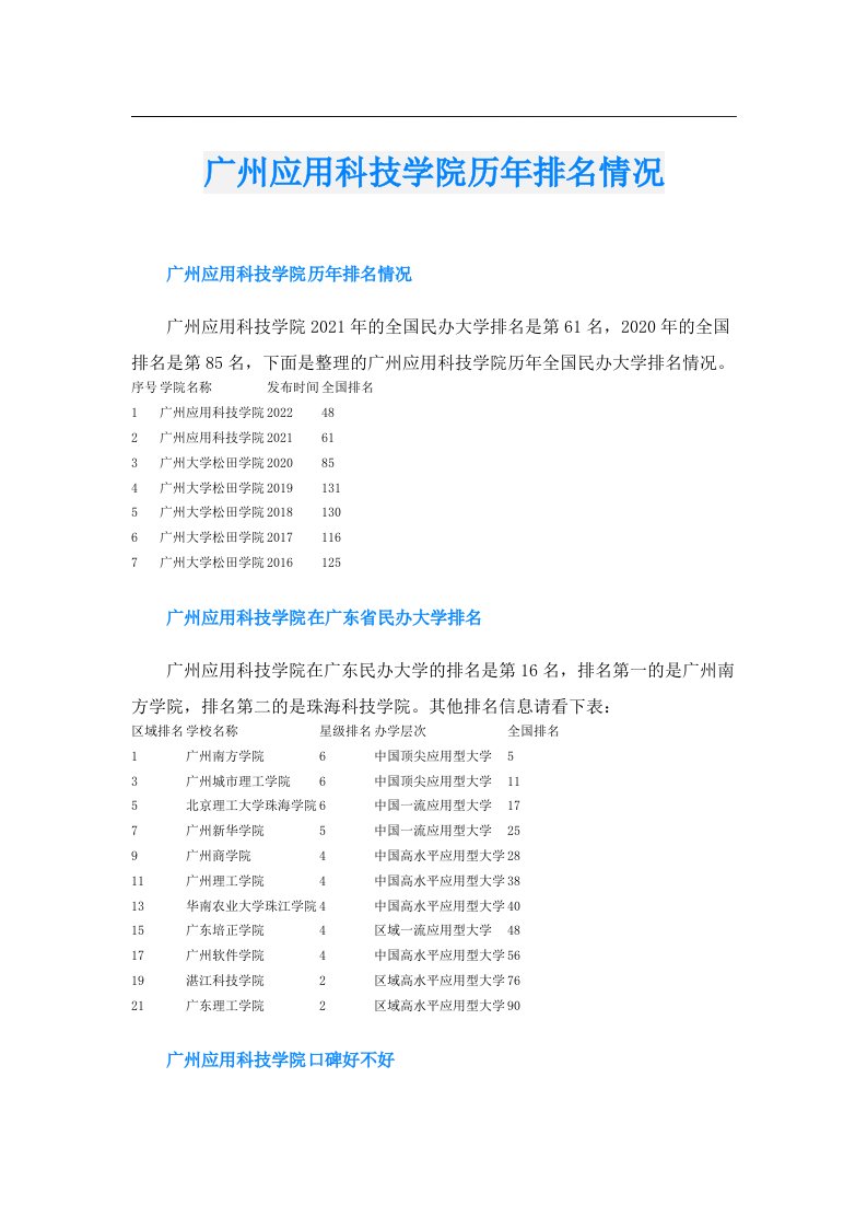 广州应用科技学院历年排名情况