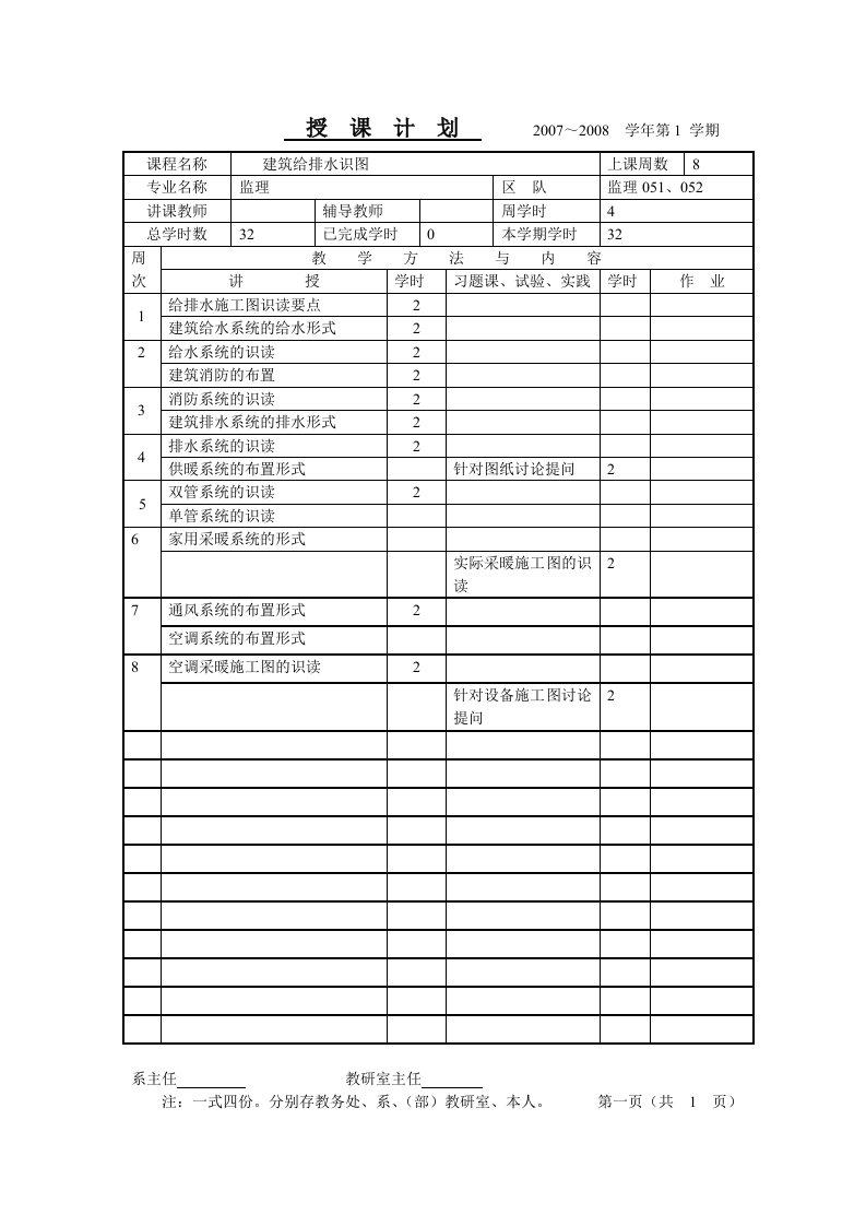 精选设备施工图授课计划