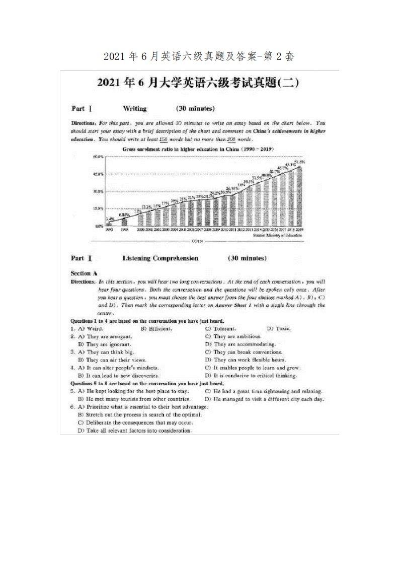 2021年6月英语六级真题及答案-第2套