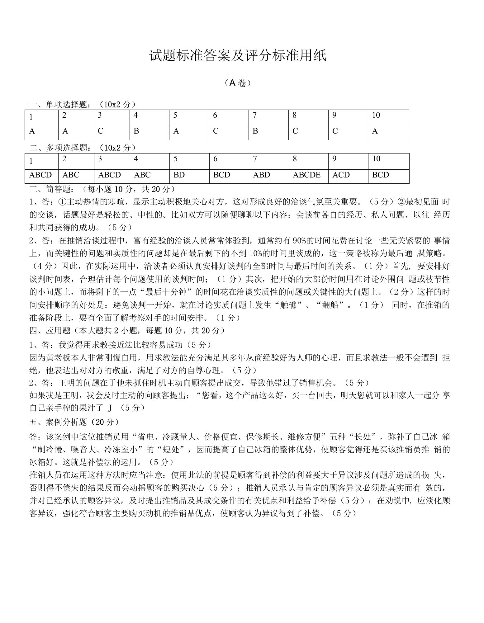 (本科）现代推销学A卷试题标准答案