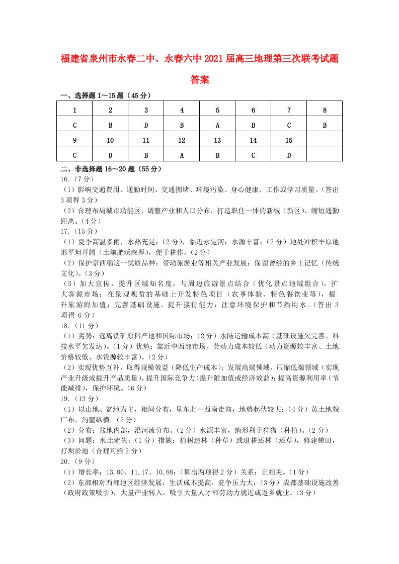 福建省泉州市2021届高三地理第三次联考试题答案