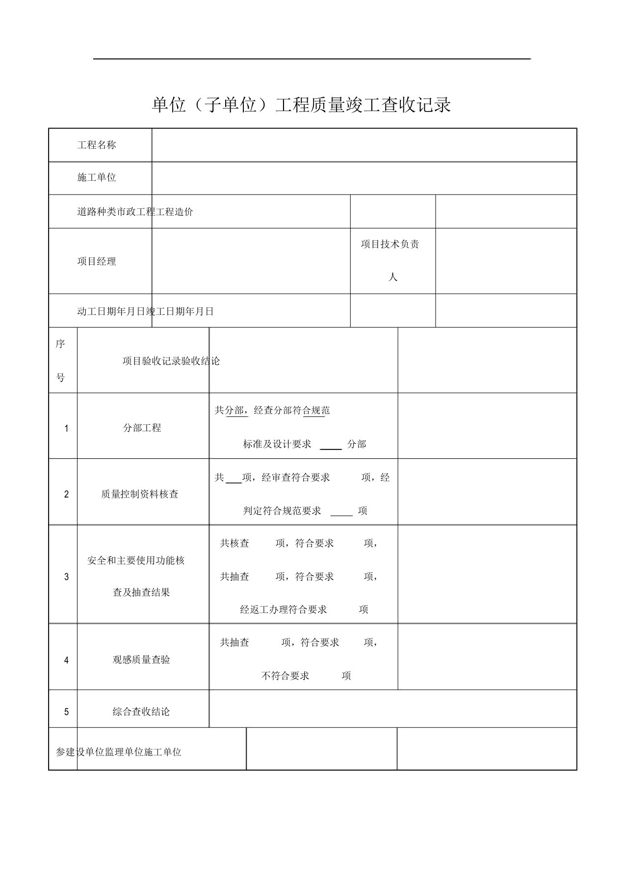 市政道路工程竣工验收范文资料