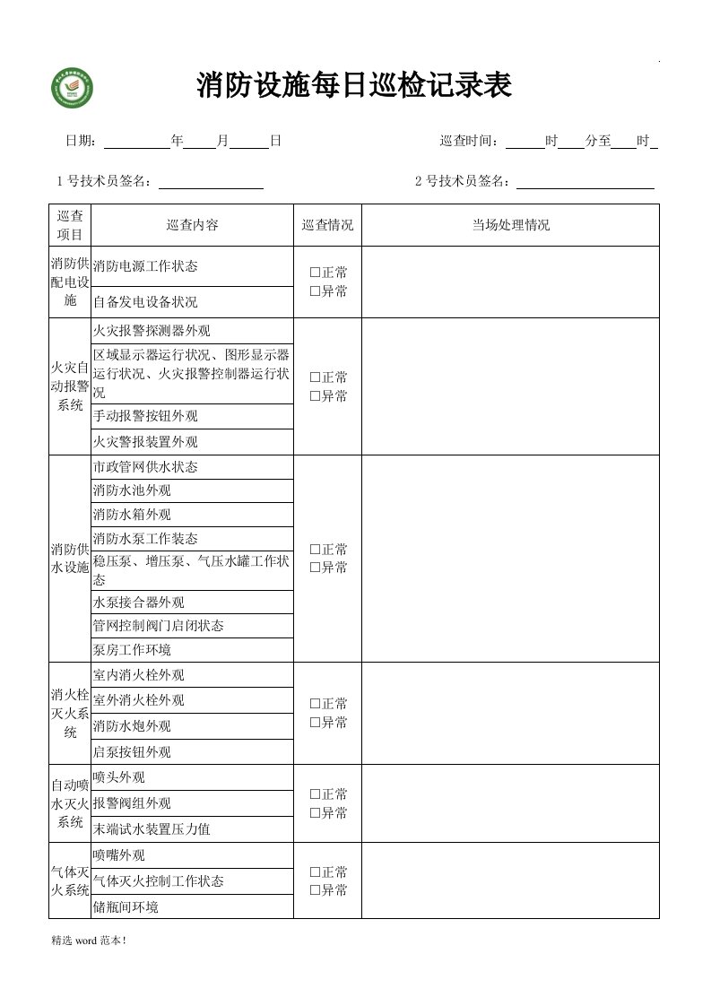 消防设施每日巡检记录表