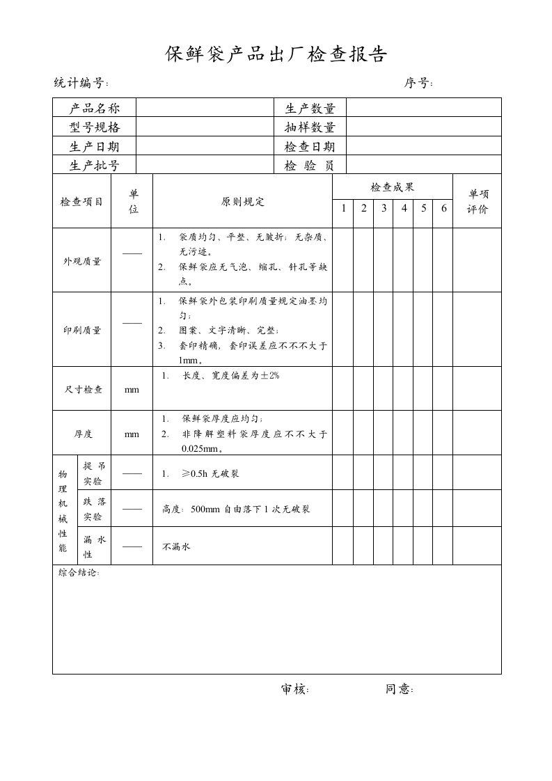 保鲜袋产品出厂检验报告