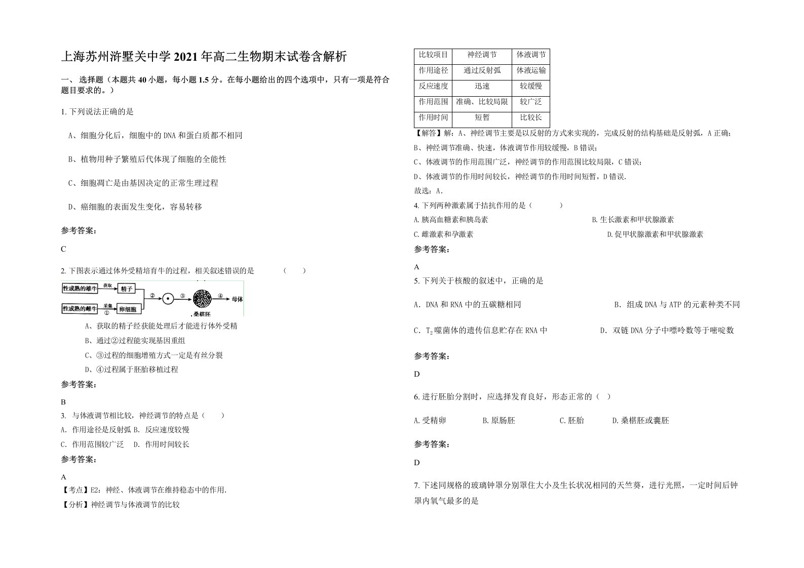 上海苏州浒墅关中学2021年高二生物期末试卷含解析