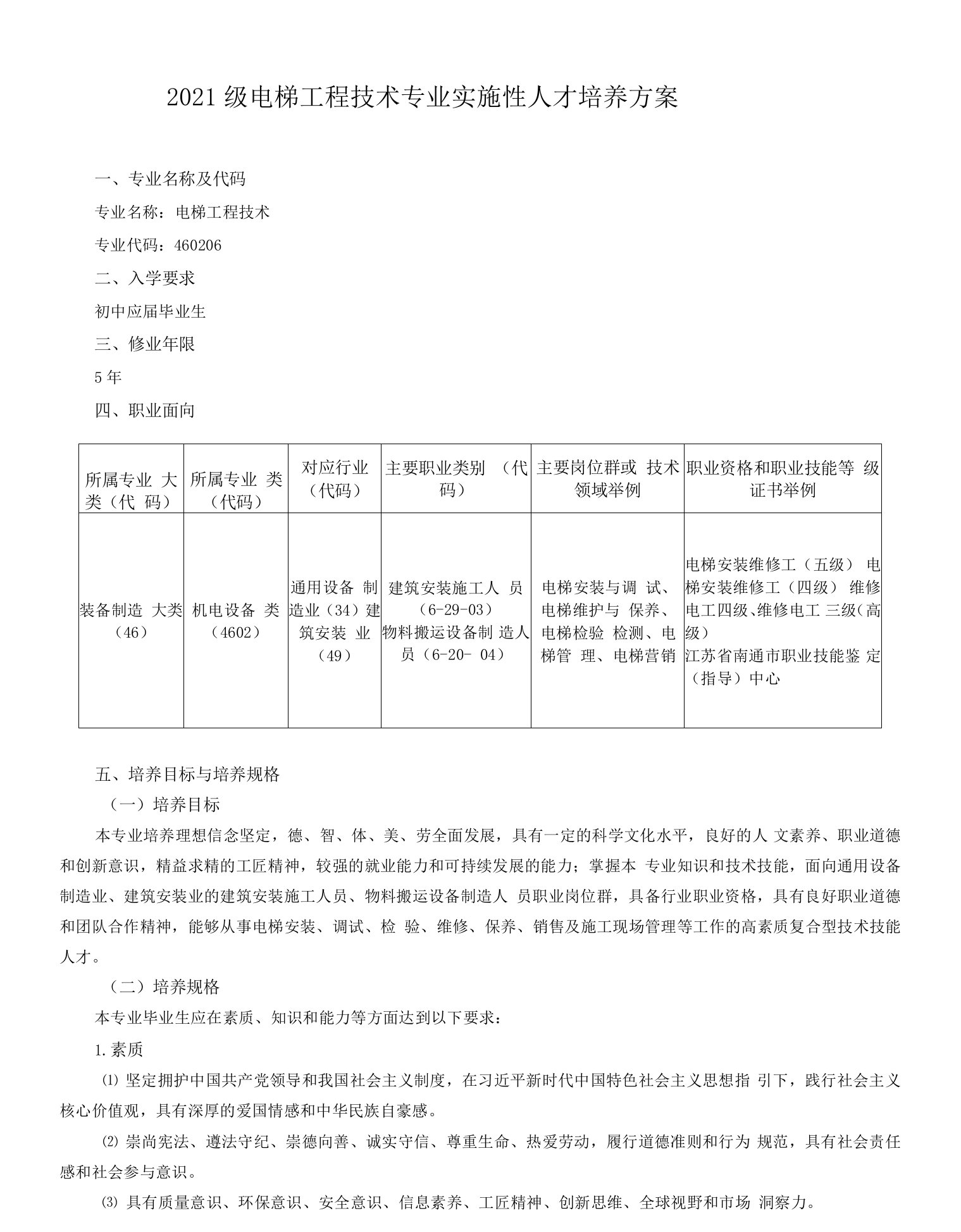 2021级电梯工程技术专业实施性人才培养方案（中职）