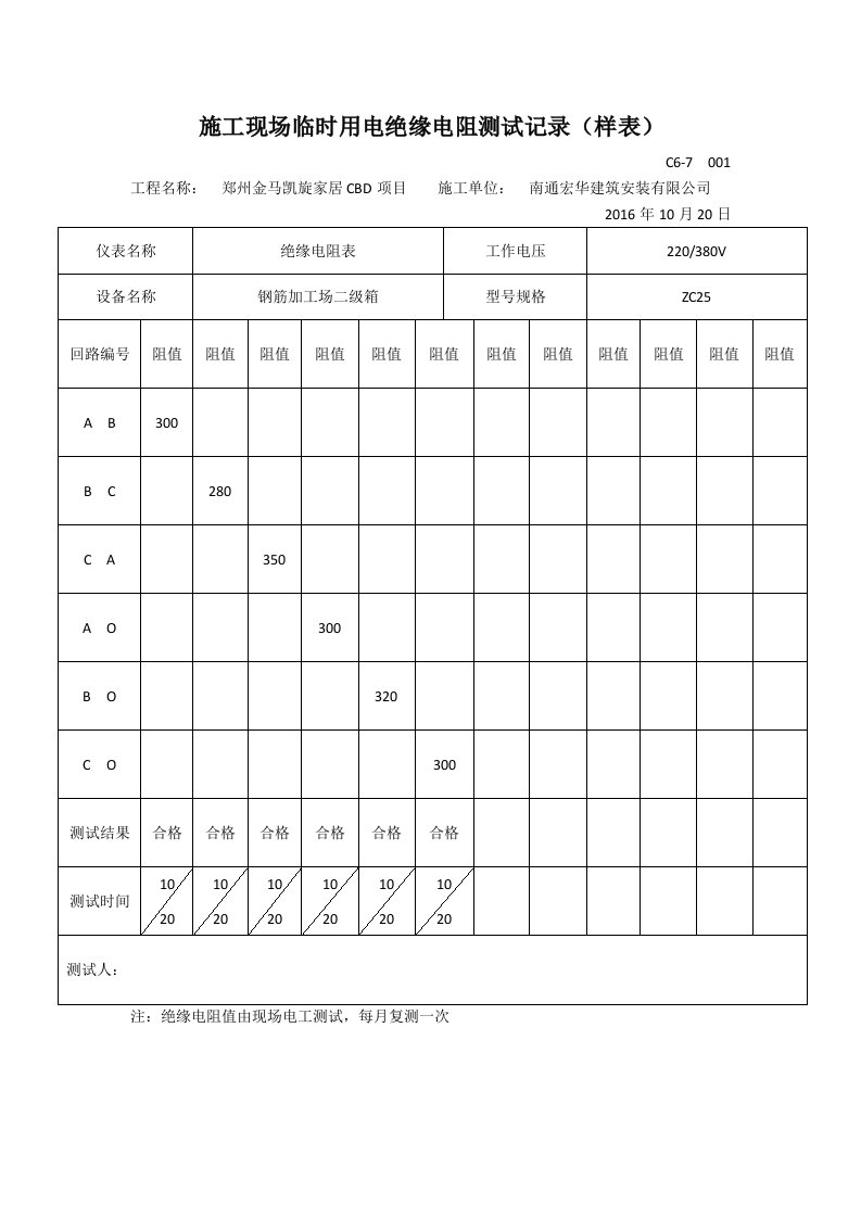 施工现场临时用电绝缘电阻测试记录