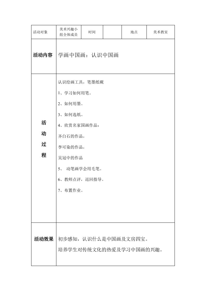 小学国画美术兴趣小组活动记录