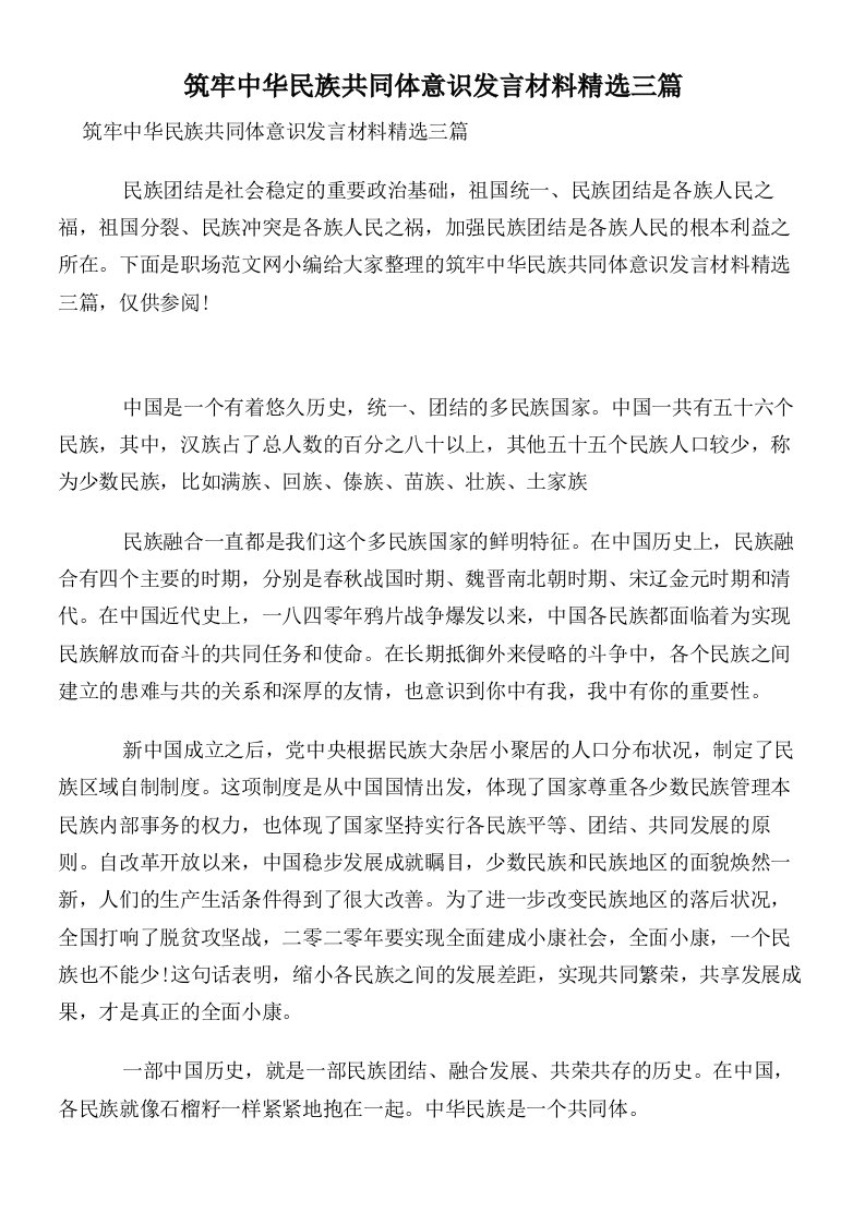 筑牢中华民族共同体意识发言材料精选三篇