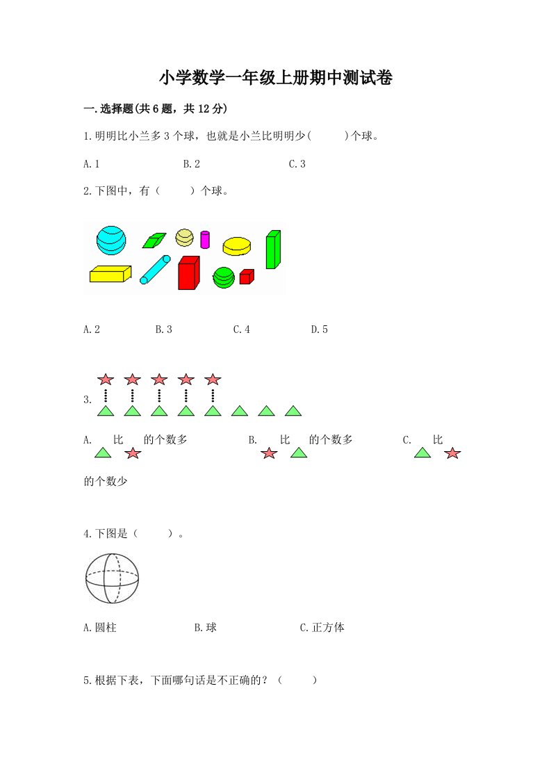 小学数学一年级上册期中测试卷带答案