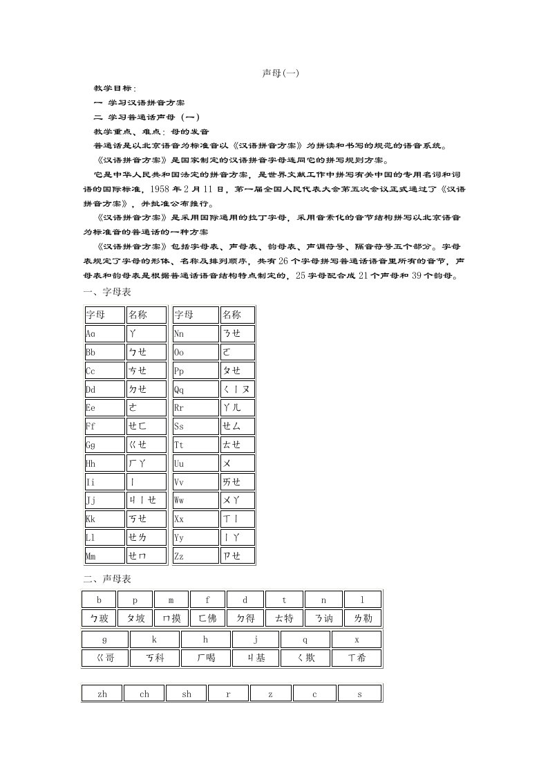 小学一年级语文声母教案