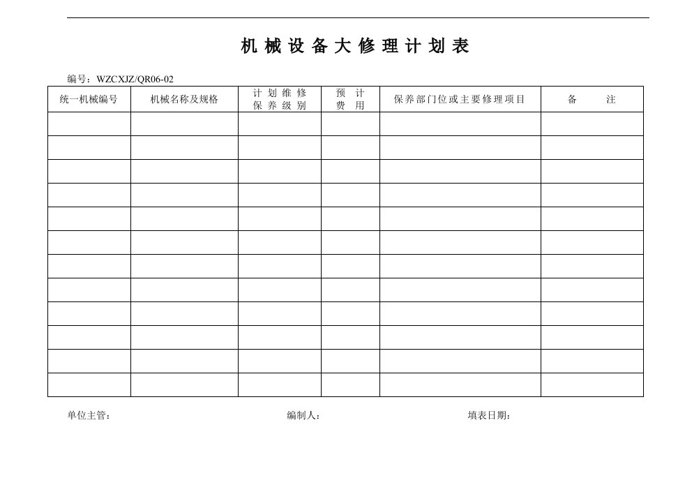 建筑资料-机械设备大修理计划表