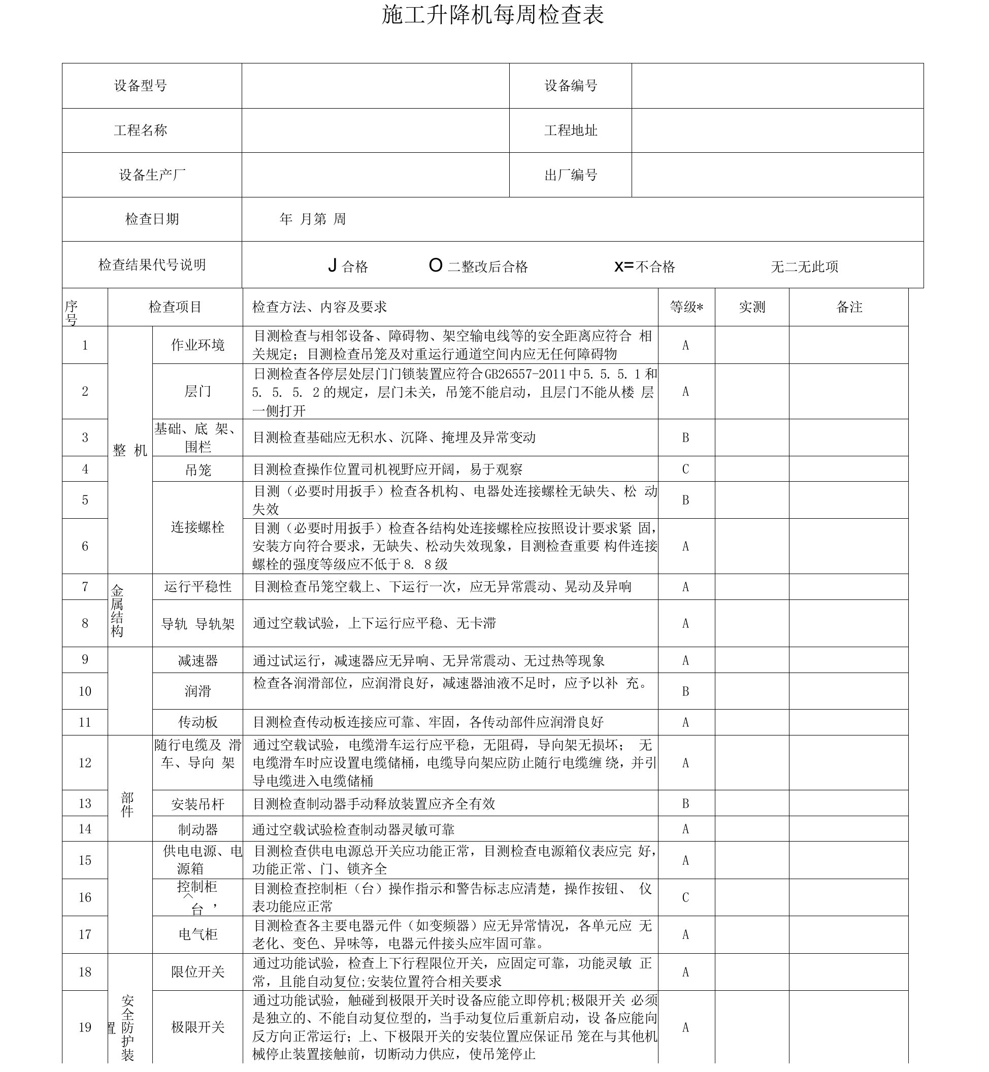 3.施工升降机每周使用检查表