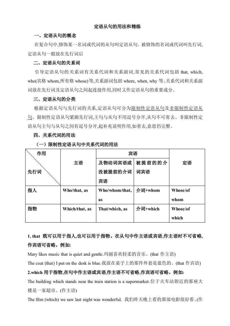 初三英语定语从句完整归纳讲解及练习