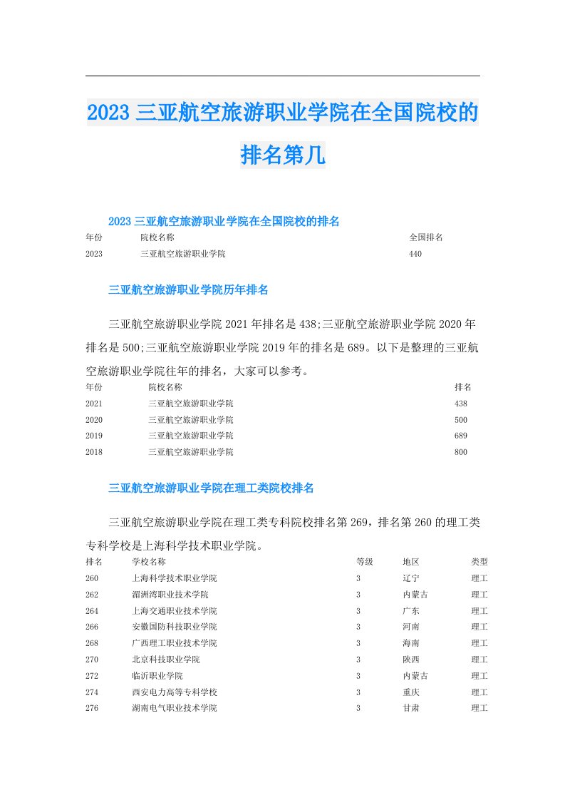 三亚航空旅游职业学院在全国院校的排名第几