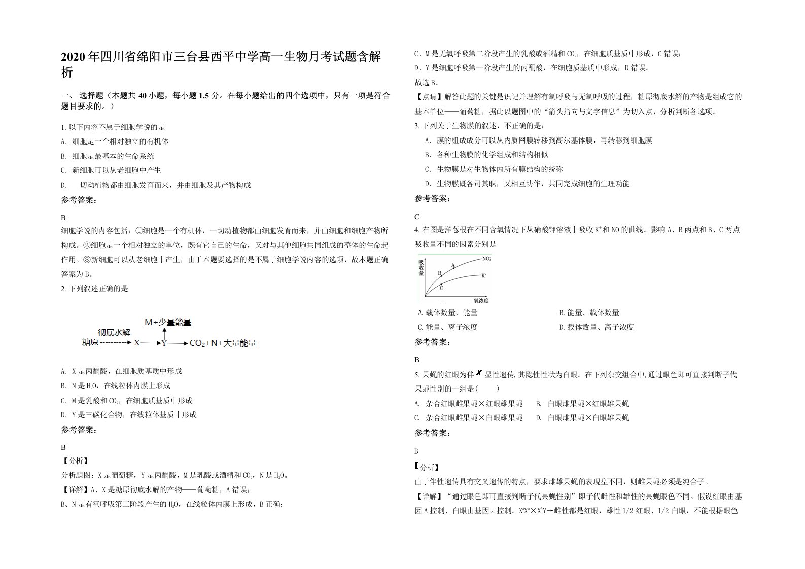 2020年四川省绵阳市三台县西平中学高一生物月考试题含解析