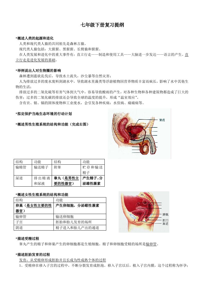 人教生物七级下册复习提纲