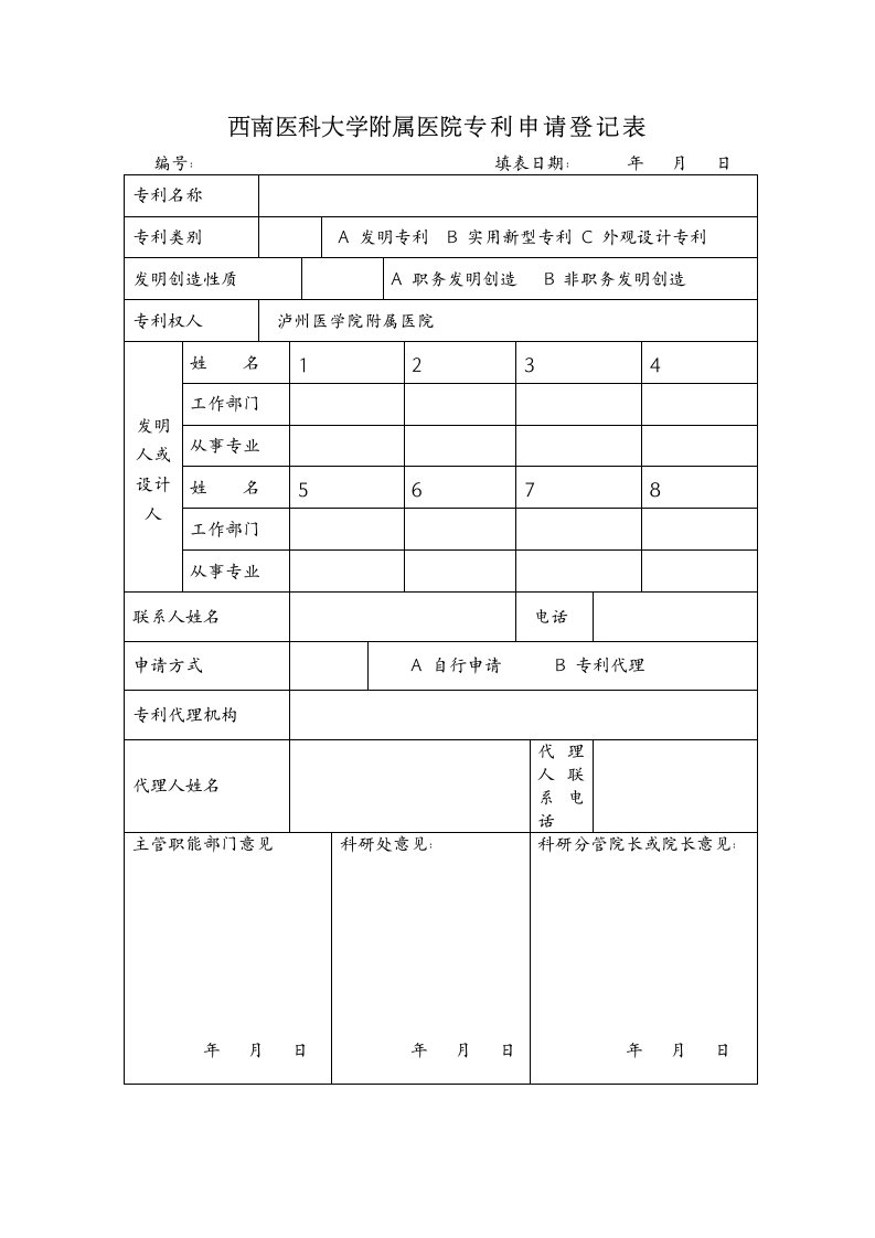 西南医科大学附属医院专利申请登记表