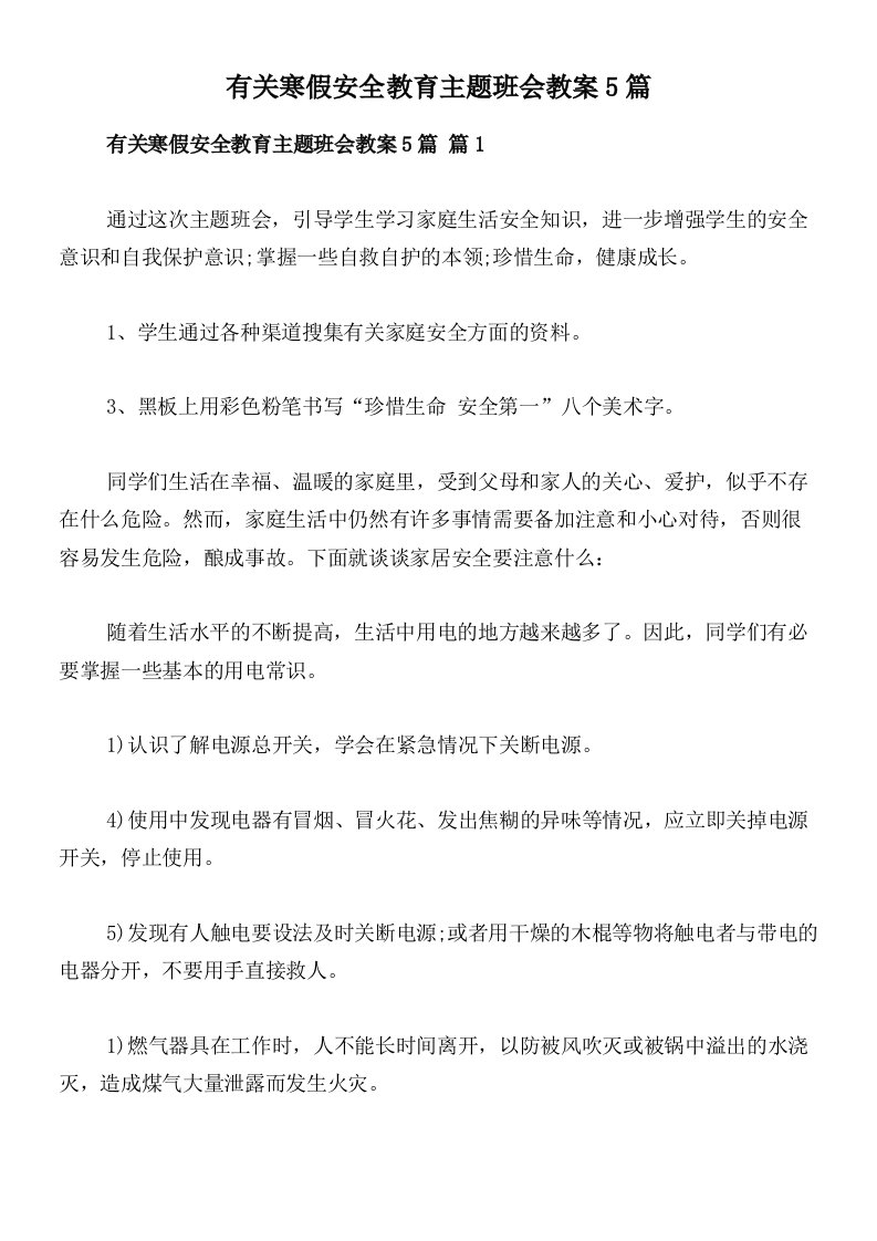 有关寒假安全教育主题班会教案5篇