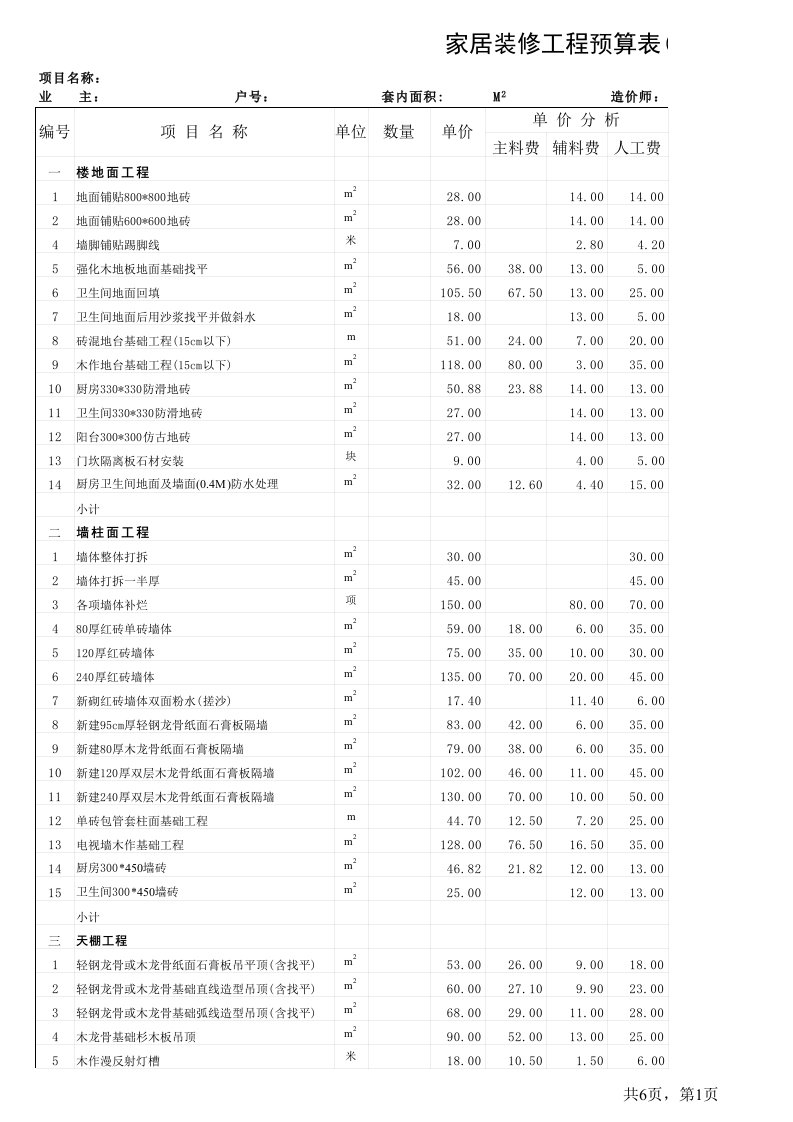 表格模板-家居装修工程预算表样本