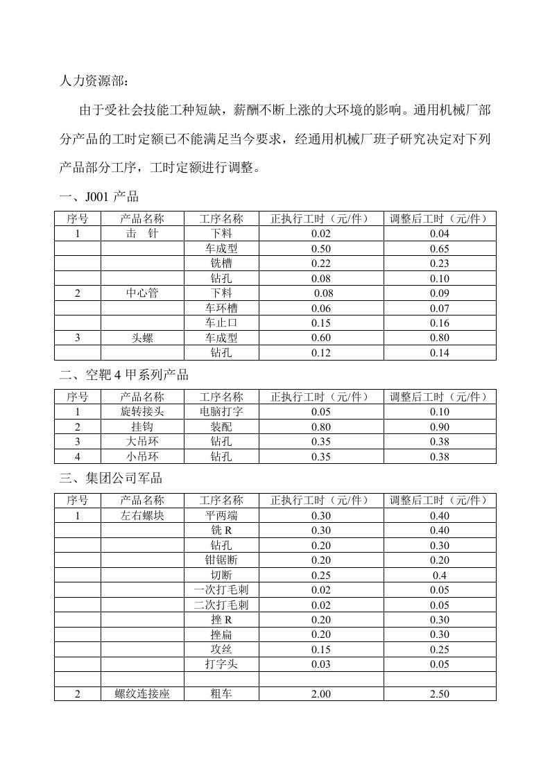 工时定额进行调整