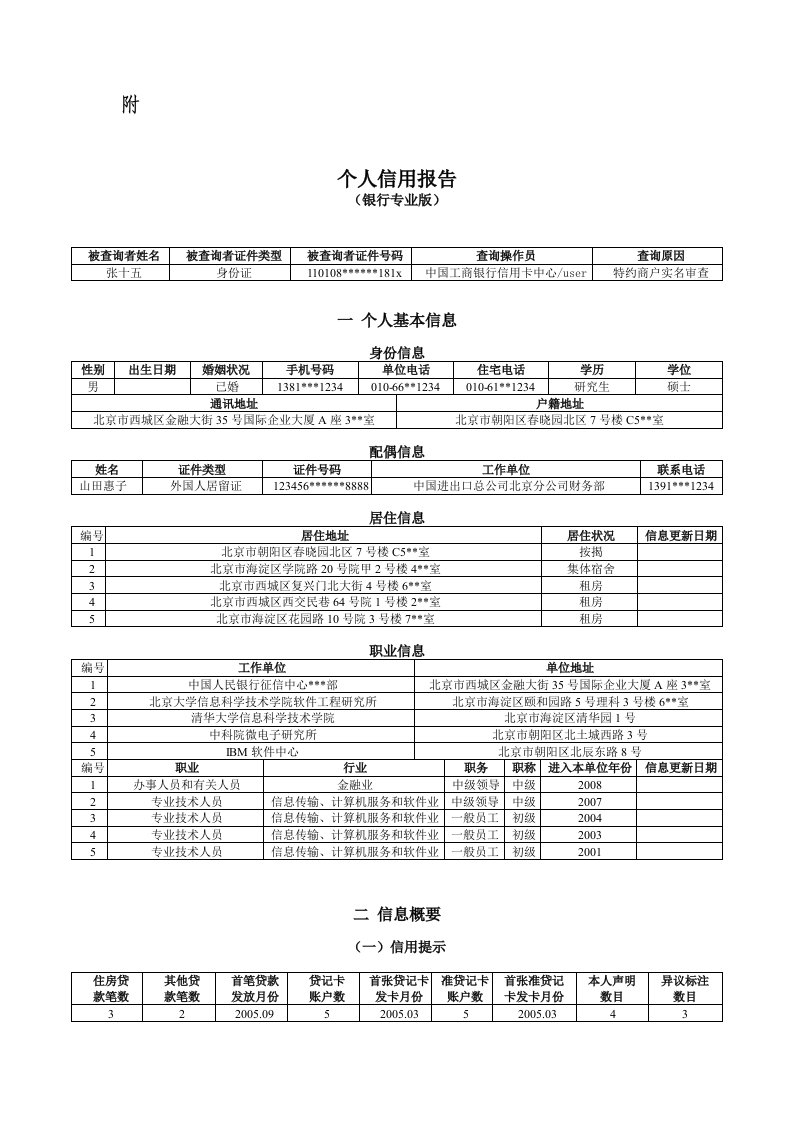 个人信用报告(银行专业版)样本