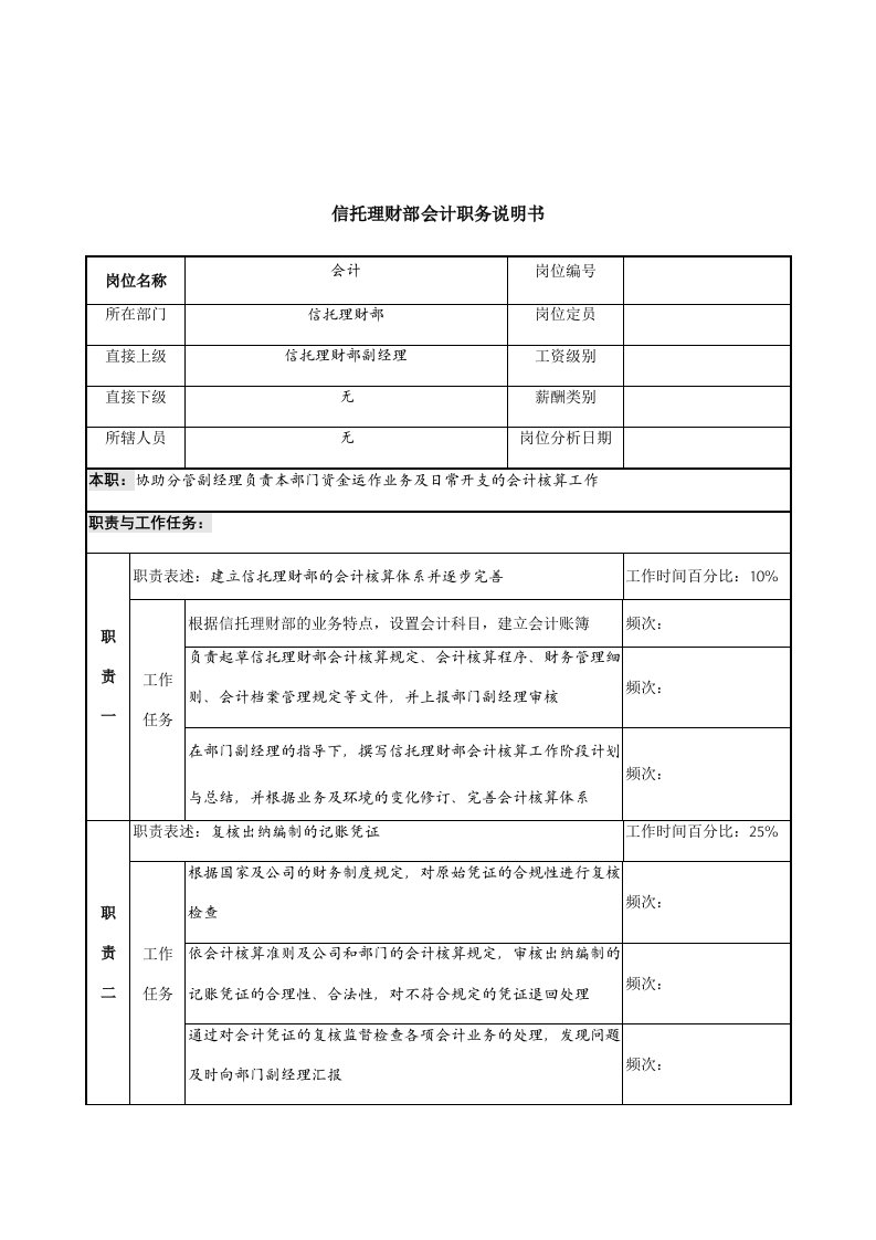 信托理财部会计岗位职务说明