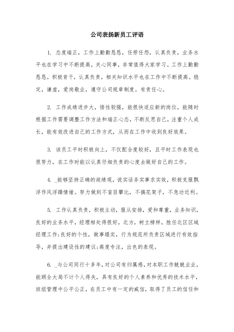 公司表扬新员工评语