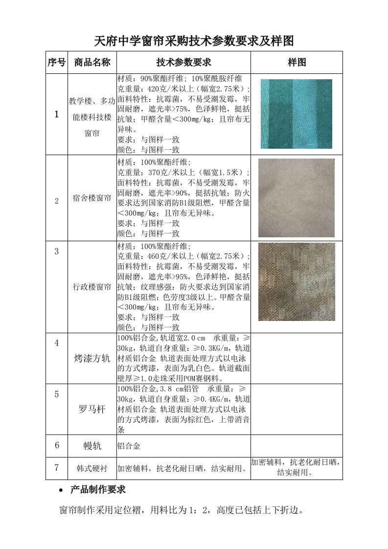 天府中学窗帘采购技术参数要求及样图