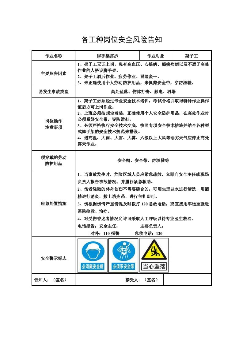 各工种岗位安全风险告知