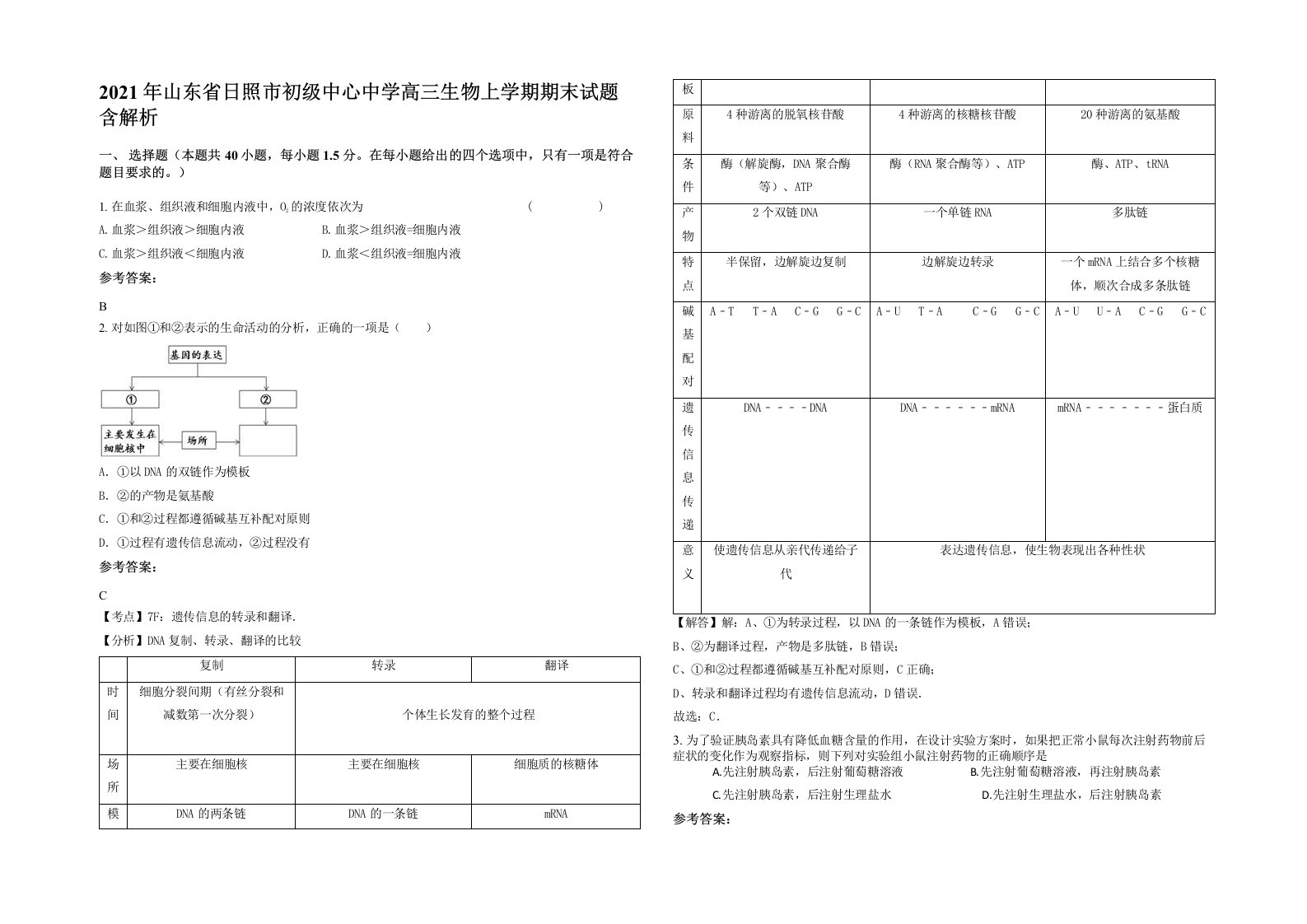 2021年山东省日照市初级中心中学高三生物上学期期末试题含解析