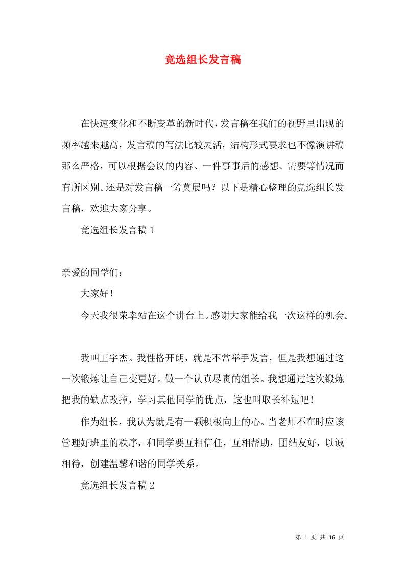 竞选组长发言稿