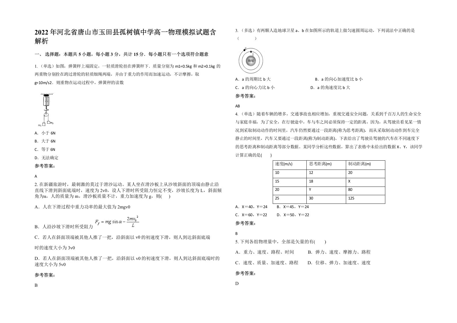 2022年河北省唐山市玉田县孤树镇中学高一物理模拟试题含解析