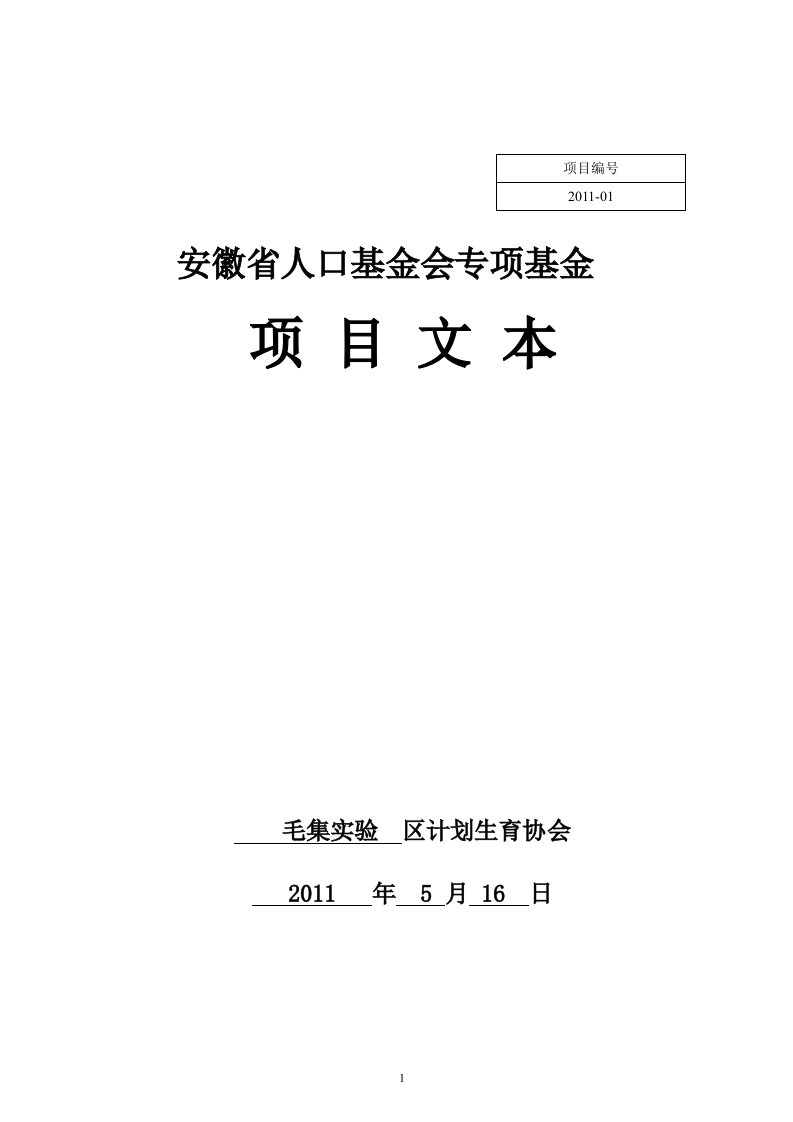 毛集实验区人口专项基金项目申报书