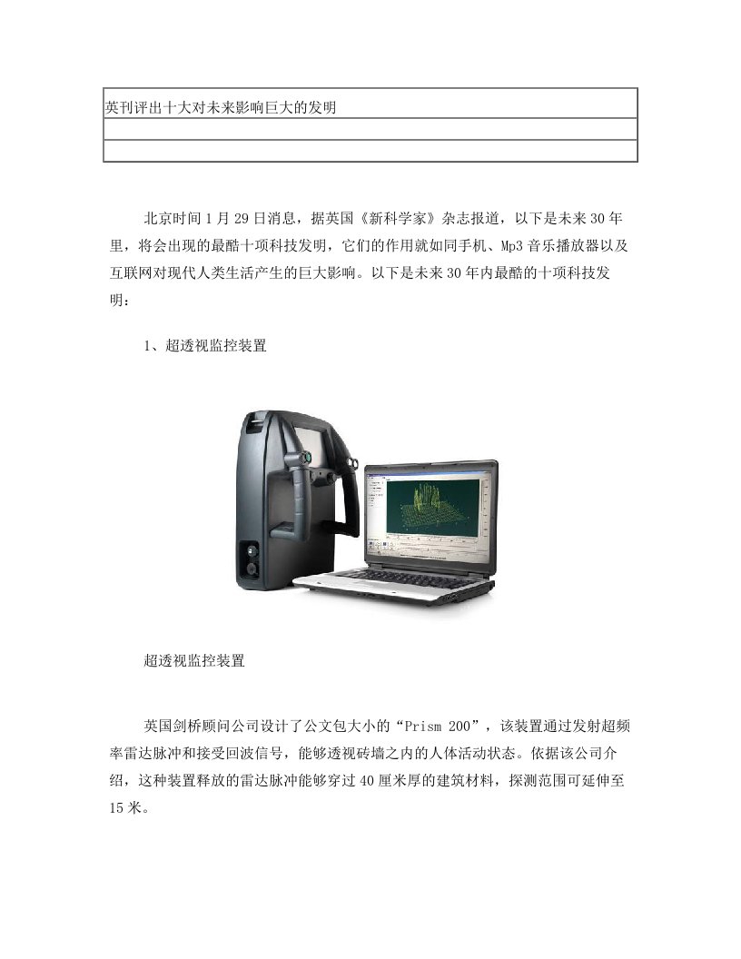 英刊评出十大对未来影响巨大的发明