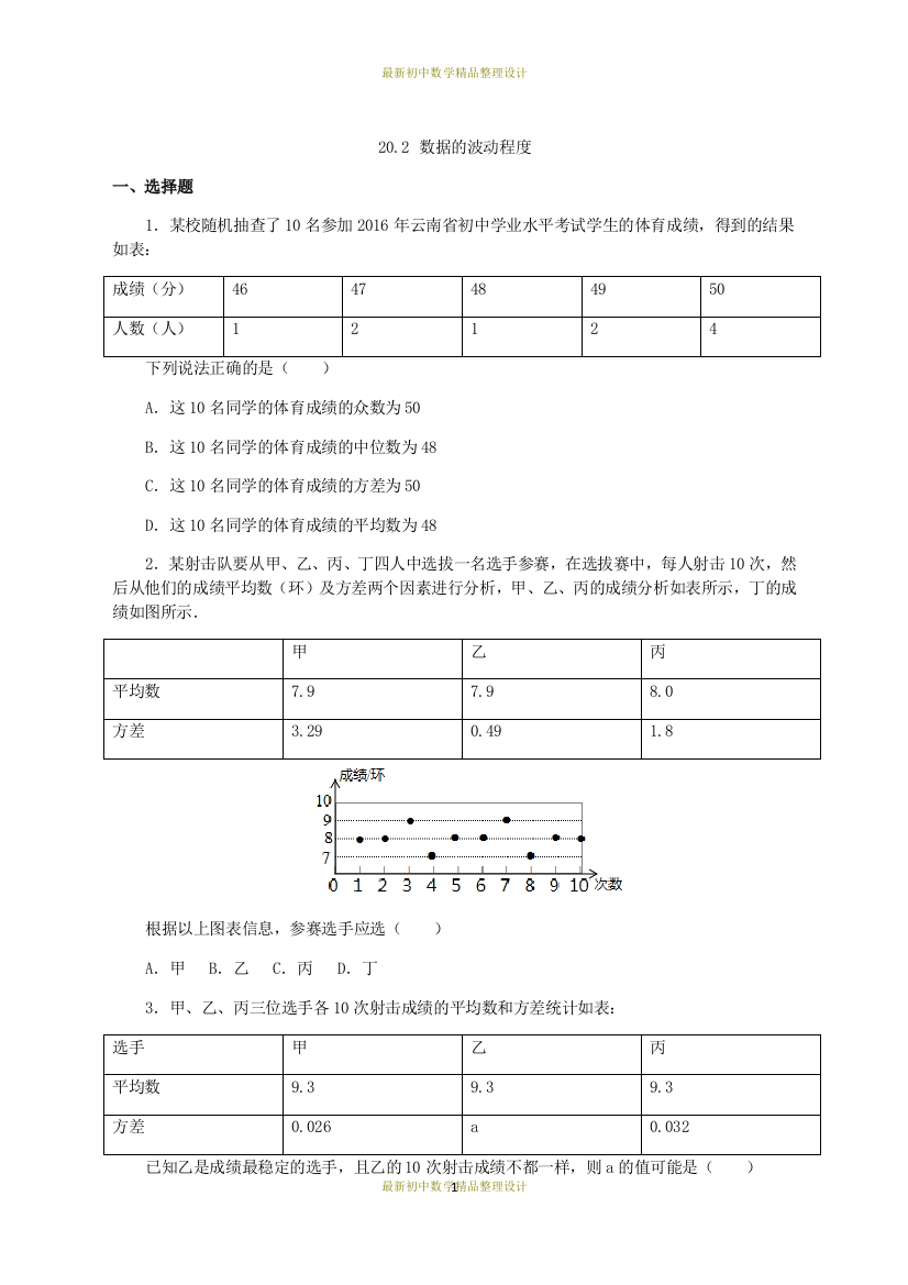 (完整版)最新人教版八年级数学下册精品同步练习题-20.2数据的波动程度