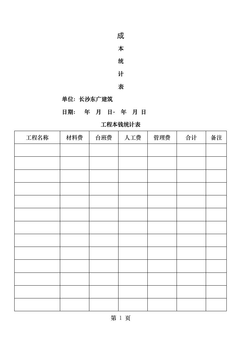 空白人材机成本统计表