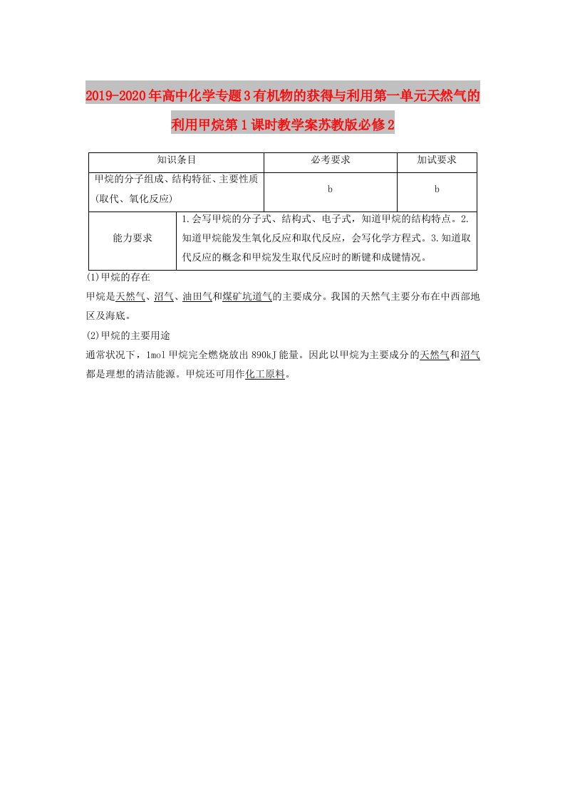 2019-2020年高中化学专题3有机物的获得与利用第一单元天然气的利用甲烷第1课时教学案苏教版必修2