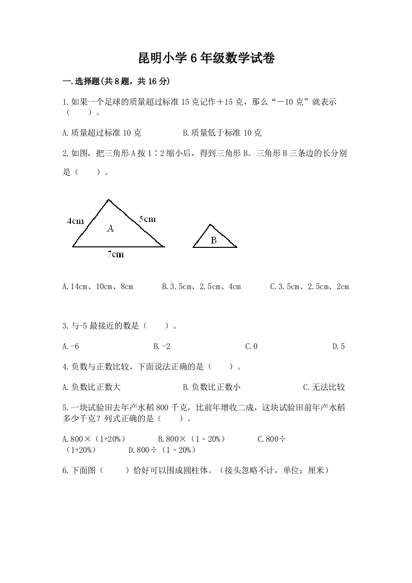 昆明小学6年级数学试卷附参考答案（巩固）