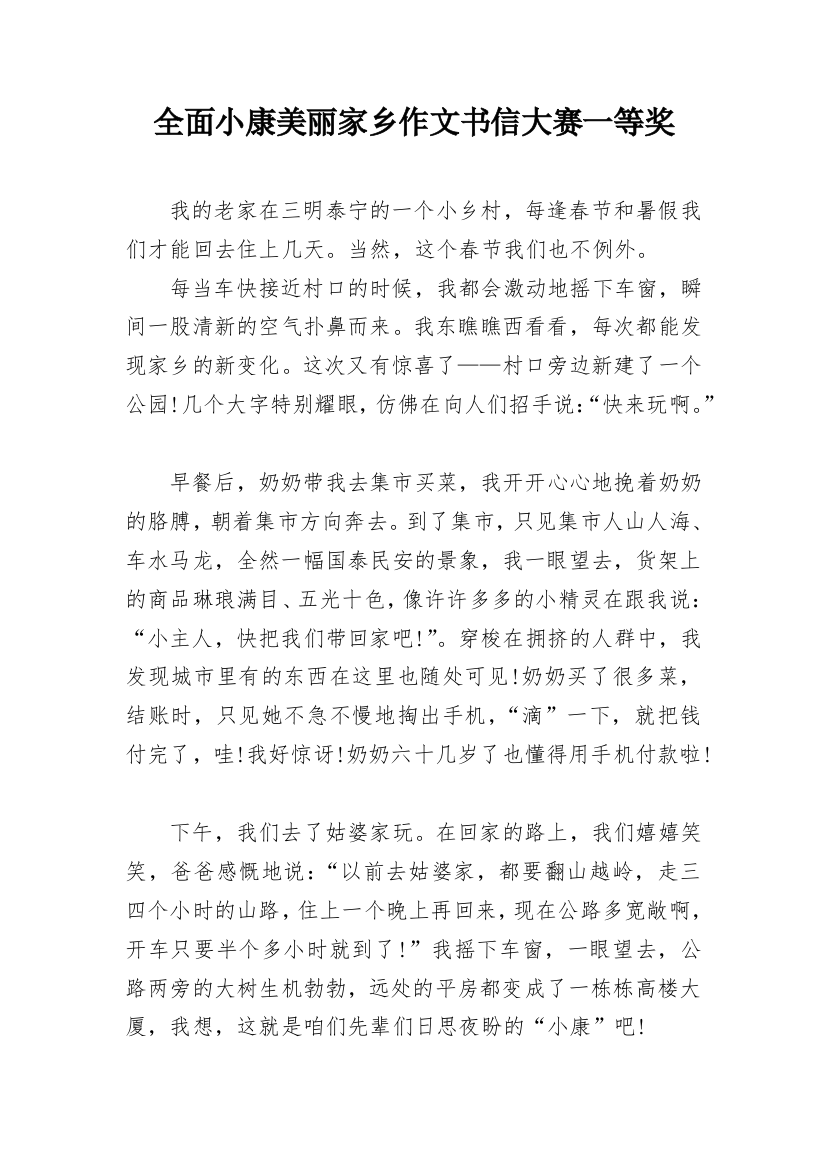 全面小康美丽家乡作文书信大赛一等奖