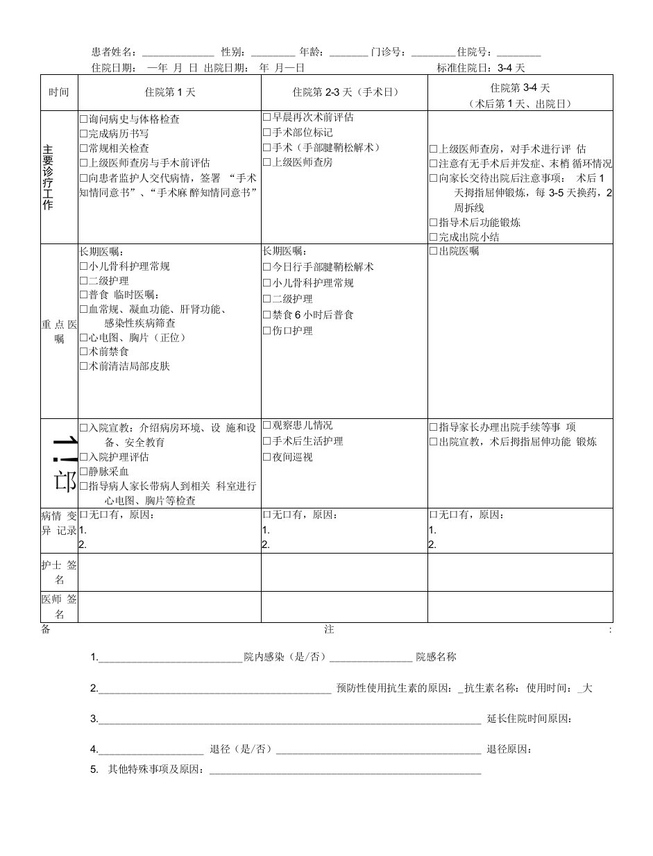 扳机指临床路径治疗记录登记表