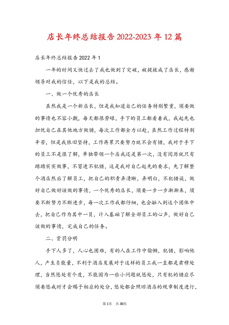 店长年终总结报告2022-2023年12篇