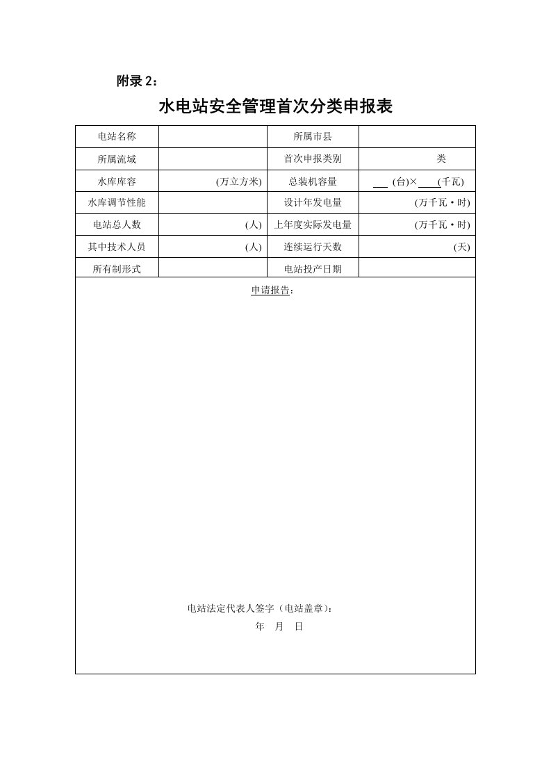 精选水电站安全管理首次分类申报表-附录2